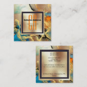 大理石金ゴールドブルーオレンジのインク煙モノグラム正方形 スクエア名刺 (正面/裏面)