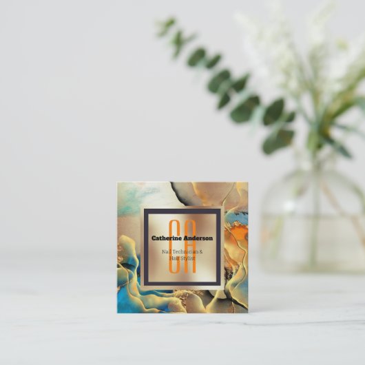 大理石金ゴールドブルーオレンジのインク煙モノグラム正方形 スクエア名刺 (スタンド正面)