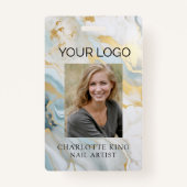 大理石金ゴールドブルー従業員ロゴ写真IDバッジ バッジ (正面)