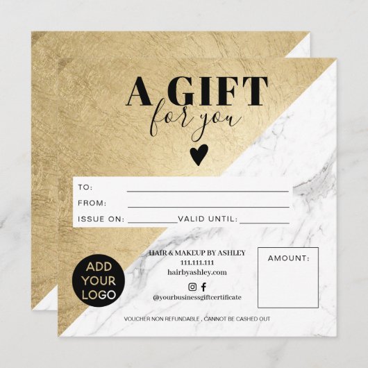 大理石金ゴールドブロック正方形のギフト証明書のロゴ (正面/裏面)