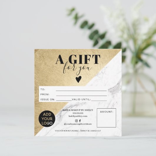 大理石金ゴールドブロック正方形のギフト証明書のロゴ (スタンド正面)