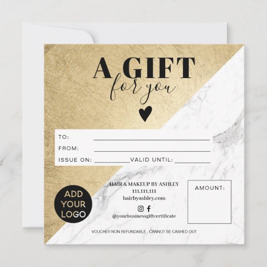 大理石金ゴールドブロック正方形のギフト証明書のロゴ (正面)