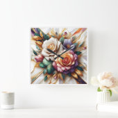 大理石鮮やかの背景に離れバラを付けた スクエア壁時計 (ホーム)