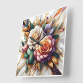 大理石鮮やかの背景に離れバラを付けた スクエア壁時計 (傾斜)