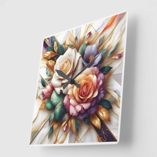 大理石鮮やかの背景に離れバラを付けた スクエア壁時計 (傾斜)