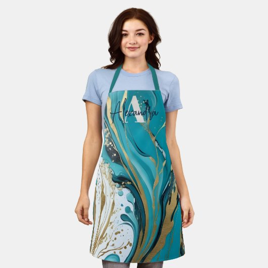 大理石鮮やかティール（緑がかった色）金ゴールド白抽象芸術渦巻き エプロン (着用した状態)