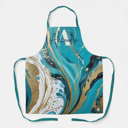 大理石鮮やかティール（緑がかった色）金ゴールド白抽象芸術渦巻き エプロン (正面)