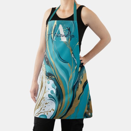 大理石鮮やかティール(緑がかった色)金ゴールド白抽象芸術渦巻き エプロン (インサイチュ)