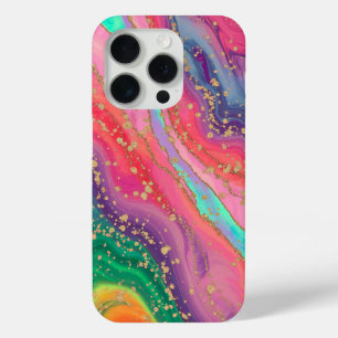 大理石鮮やか抽象芸術と金ゴールドアクセント iPhone 15 PROケース
