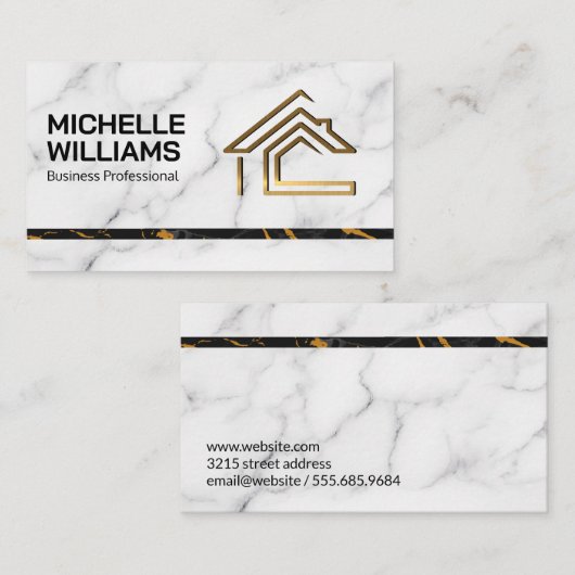 大理石 | スタイリッシュ | ラグジュアリー金ゴールドホームロゴ 名刺 (正面/裏面)