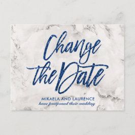 大理石 ネイビーブルー グリッター スクリプト  日付変更 案内ポストカード