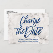 大理石 ネイビーブルー グリッター スクリプト  日付変更 案内ポストカード (正面/裏面)