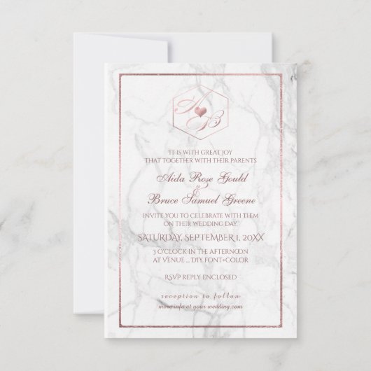 大理石、フェイクバラ金ゴールドスファンシークリプトモノグラム 招待状 (裏面)