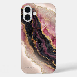 大理石 ブラック＋バーガンディー ゴールド グリッター オシャレ エレガント iPhone 16 PLUSケース