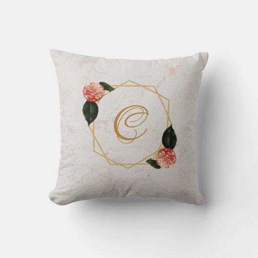 大理石 モノグラム ゴールド ピンク カメリア 花幾何学 クッション (正面)