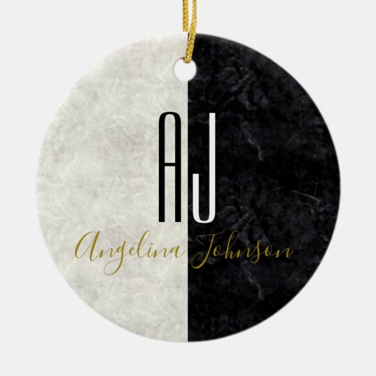 大理石 モノグラム ブラック＆ホワイト セラミックオーナメント (正面)