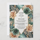 大理石 モンステラ エメラルドグリーン ゴールド ウェディング 招待状 (正面)