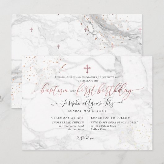 大理石 ローズゴールド 十字架 洗礼 誕生日 招待状 (正面/裏面)