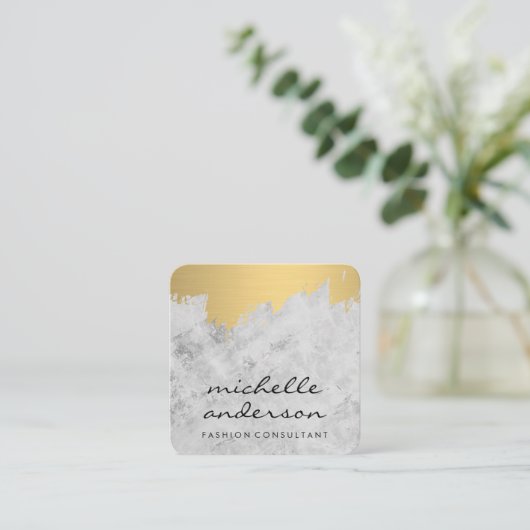 大理石 |金ゴールドブラシ付きダマスクのパターン スクエア名刺 (スタンド正面)