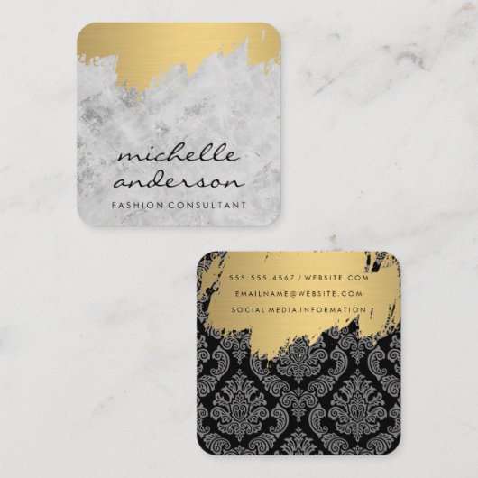 大理石 |金ゴールドブラシ付きダマスクのパターン スクエア名刺 (正面/裏面)