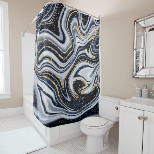 大理石，金ゴールド，灰色，古い，白淡い色の，青モダン，宝石 シャワーカーテン (インサイチュ)