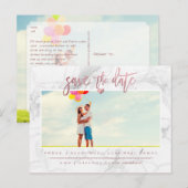 大理石 Save the Date/偽のローズゴールド スクリプト 案内ポストカード (正面/裏面)