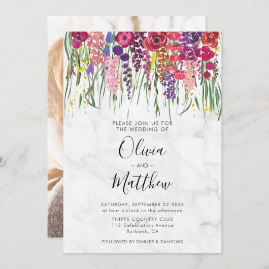 大理石Bohoアクリルフラワーフォト結婚ズ 招待状 (正面/裏面)