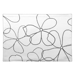 大白黒手描き花布置き ランチョンマット
