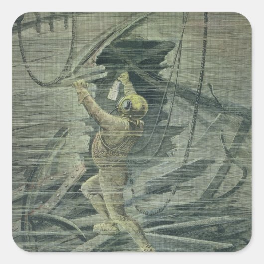 大破を見ている深海のダイバー スクエアシール (正面)