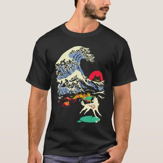 大神アマテラス 太陽神 狼 大波 ビデオ Tシャツ (正面)