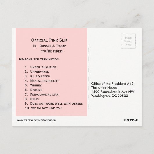 大統領へのトランプスリップまたは滑ることのピンクのポストカード ポストカード (裏面)