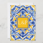 大胆でスタイリッシュな青と黄色のタイル 招待状 (裏面)