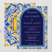 大胆でスタイリッシュな青と黄色のタイル 招待状 (正面/裏面)