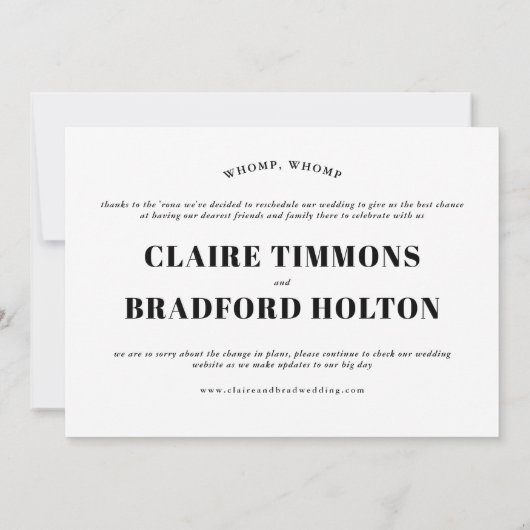 大胆で生意気なタイポグラフィーの延期された結婚式 案内状 (裏面)