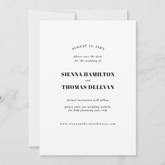 大胆で生意気なタイポグラフィーの結婚式の招待状（Save the Date） セーブザデート (裏面)