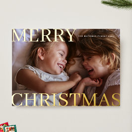 大胆なクラシックゴールドのタイポグラフィフォト メリークリスマス 箔シーズンカード
