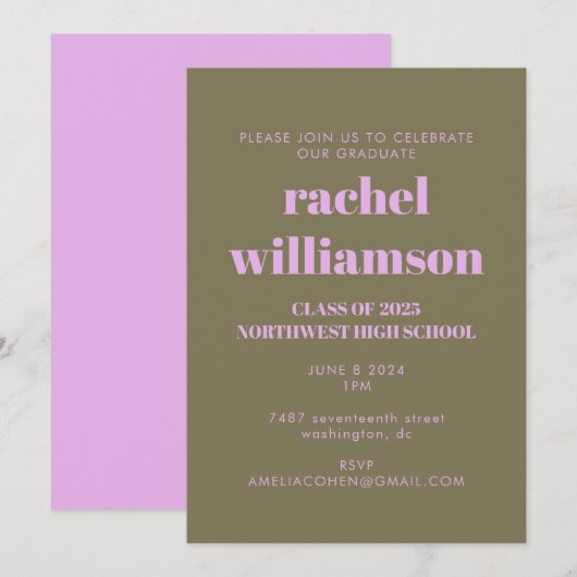 大胆なタイポグラフィー オリーブとライラックの卒業パーティー 招待状 (正面/裏面)