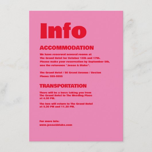 大胆なタイポグラフィ、ピンクと赤の結婚式 エンクロージャーカード (正面)