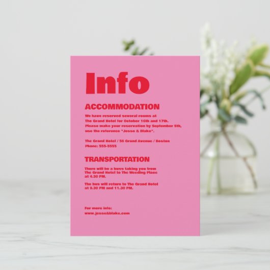 大胆なタイポグラフィ、ピンクと赤の結婚式 エンクロージャーカード (スタンド正面)