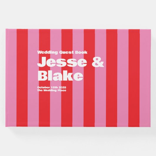 大胆なタイポグラフィ、ピンクと赤の結婚式 ゲストブック (正面)