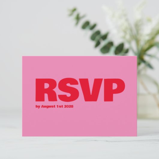 大胆なタイポグラフィ、ピンクと赤の結婚式 出欠カード (スタンド正面)