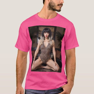 大胆なヒョウ柄水着でゴールドのメッシュワンポイントの似合う黒髪の女性 Tシャツ
