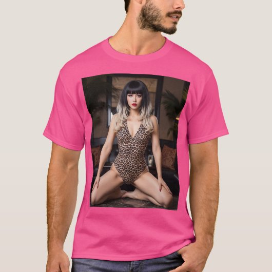 大胆なヒョウ柄水着でゴールドのメッシュワンポイントの似合う黒髪の女性 Tシャツ (正面)