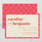 大胆なピンクとオレンジのチェッカーボード柄の結婚式 招待状 (正面/裏面)