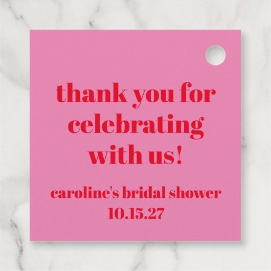 大胆なピンクと赤のカスタム ブライダルシャワー お礼 フェイバータグ (裏面)
