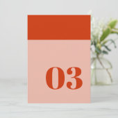 大胆なミニマルオレンジとピンクの結婚式テーブルナンバー (スタンド正面)