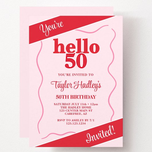 大胆なモダンピンクの赤い50歳の誕生日 招待状
