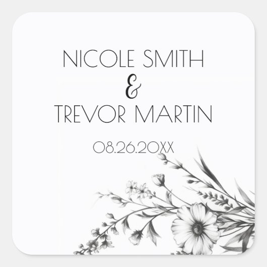 大胆なモノクロの野の花 スクエアシール (正面)