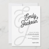 大胆なモノグラム ブラシ 名前 黒 qr コード 結婚式 招待状 (正面)