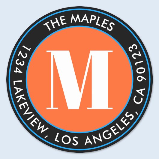 大胆なモノグラム 黒 オレンジ 青 返信先住所 ラウンドシール